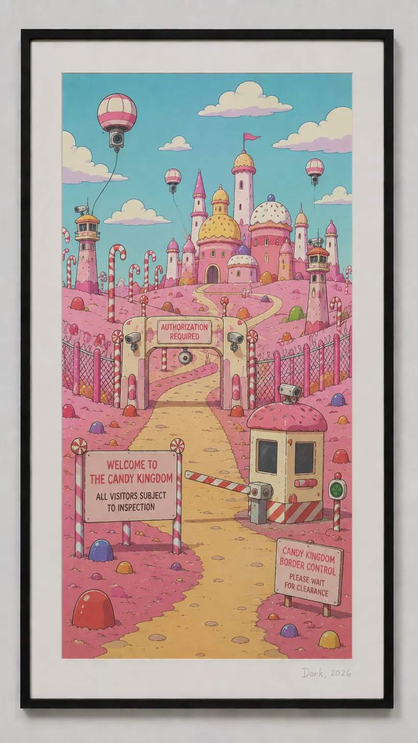 A candy-colored kingdom landscape in the style of Adventure Time, with a border checkpoint reading AUTHORIZATION REQUIRED, a gatehouse booth, and signs reading CANDY KINGDOM BORDER CONTROL, PLEASE WAIT FOR CLEARANCE