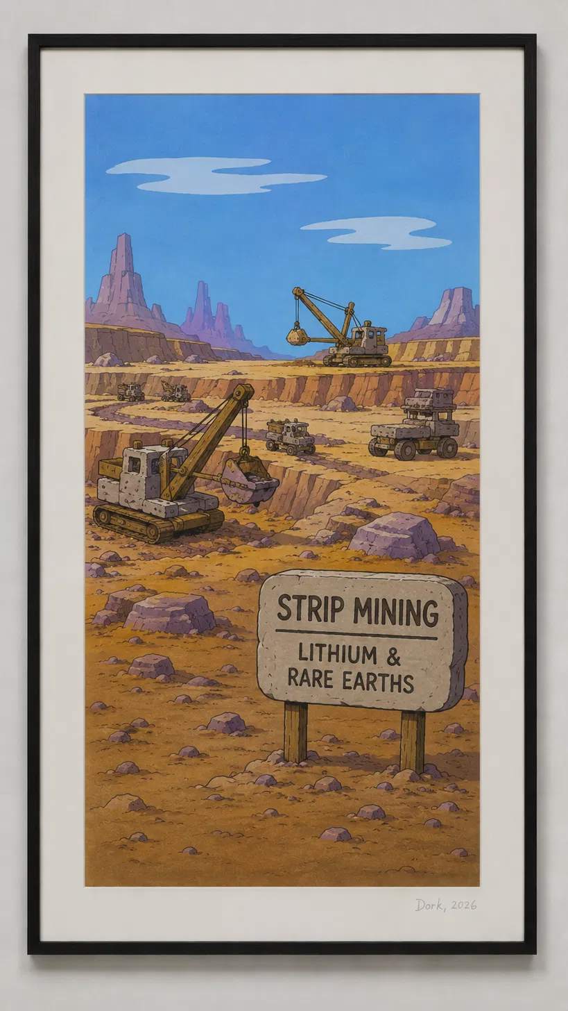 A Flintstones-style prehistoric canyon with steam shovels and dump trucks strip-mining purple rock formations, a sign reading STRIP MINING, LITHIUM & RARE EARTHS