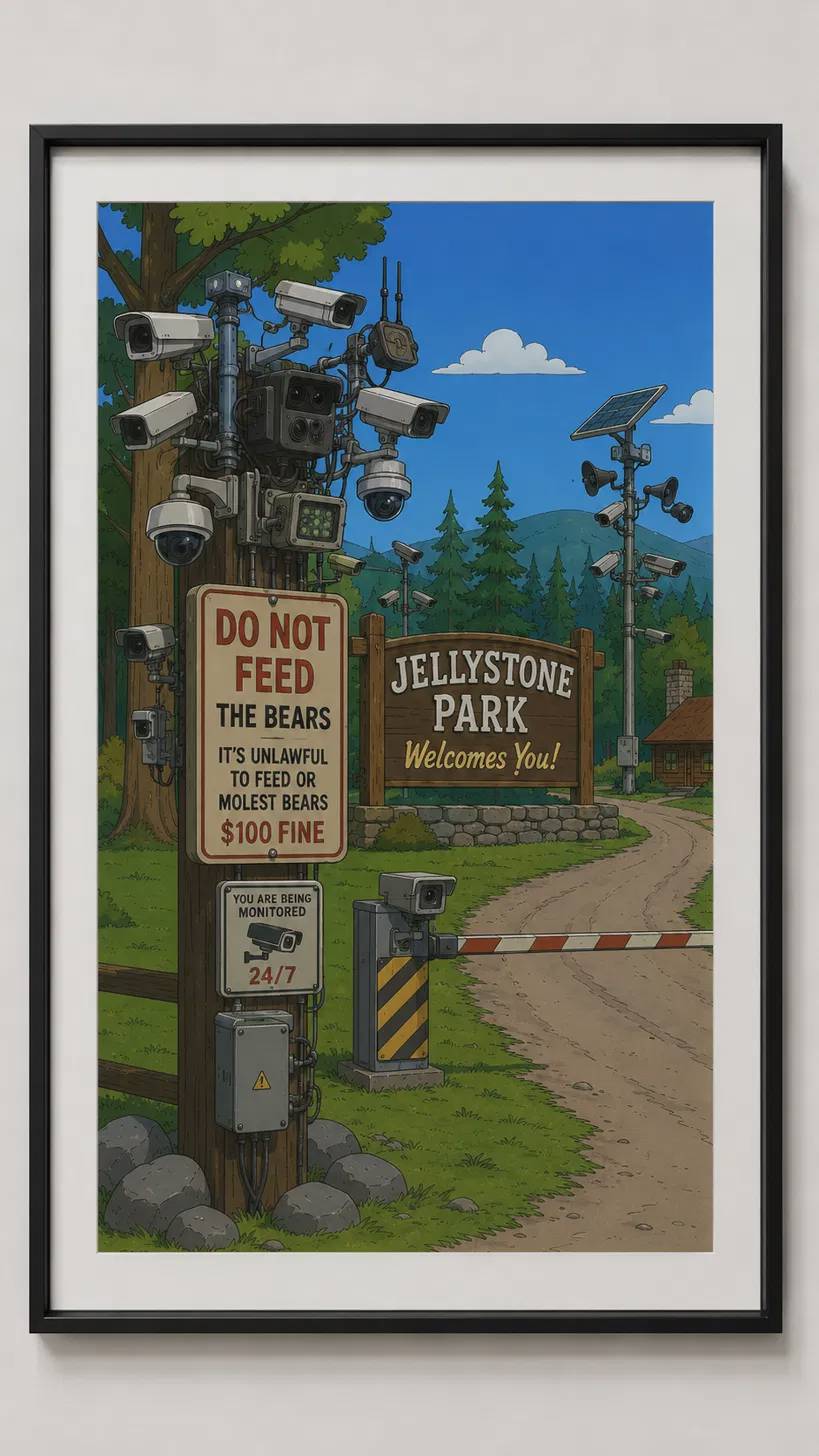 A tree at the entrance to Jellystone Park covered in security cameras and antennas, a sign reading DO NOT FEED THE BEARS and YOU ARE BEING MONITORED 24/7, next to the Jellystone Park Welcomes You sign