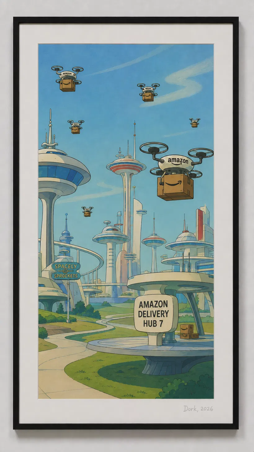 A Jetsons-style futuristic city skyline with the Spacely Sprockets sign, swarmed by Amazon delivery drones converging on an AMAZON DELIVERY HUB 7 platform