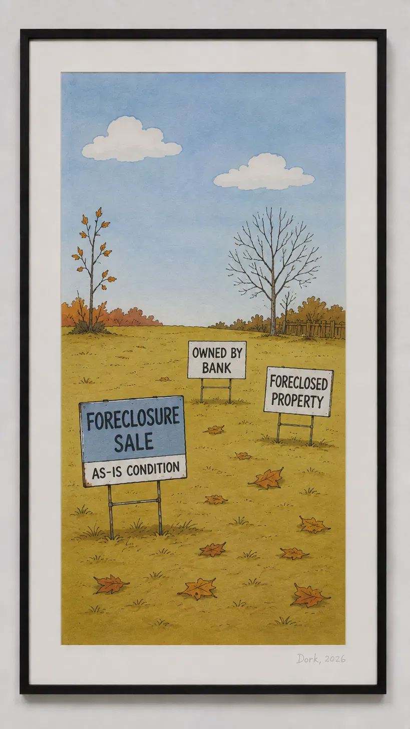 A Peanuts style autumn yard with bare trees and fallen leaves, signs reading FORECLOSURE SALE AS-IS CONDITION, OWNED BY BANK, and FORECLOSED PROPERTY