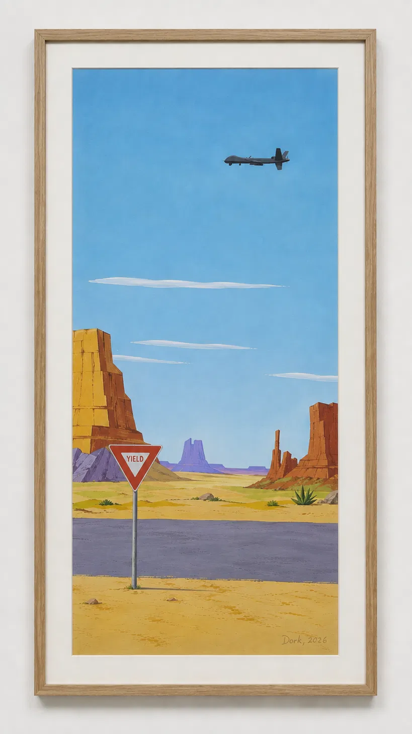 A Road Runner style desert mesa landscape with a Yield sign on an empty highway and a military drone flying overhead in the blue sky