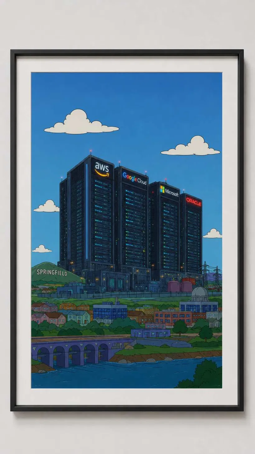 A Simpsons style view of Springfield with four data center towers labeled aws, Google Cloud, Microsoft, and Oracle looming over the town