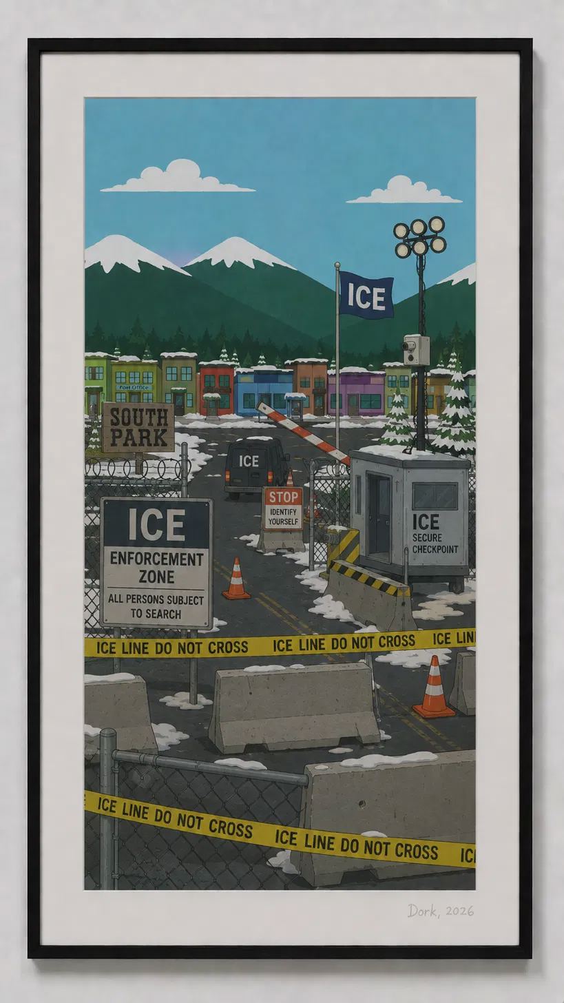 A South Park style snowy mountain town with an ICE Secure Checkpoint booth, concrete barriers, caution tape reading ICE LINE DO NOT CROSS, and an ICE flag