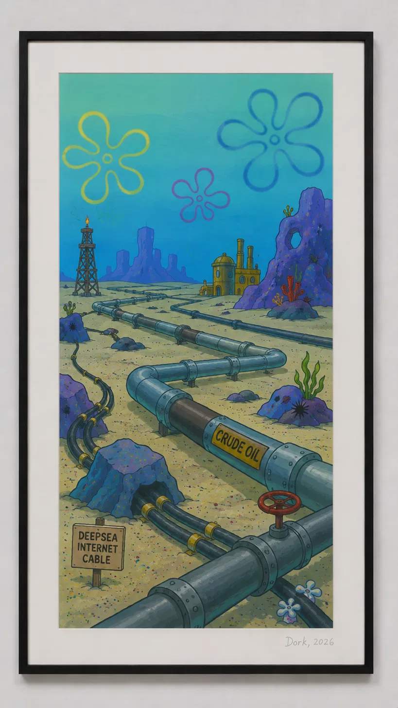 A SpongeBob SquarePants style Bikini Bottom seafloor with a crude oil pipeline and a sign reading DEEPSEA INTERNET CABLE running past coral formations